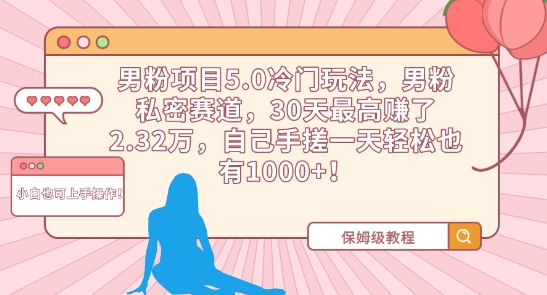 男粉项目5.0冷门玩法，男粉私密赛道，30天最高赚了2.32万，自己手搓一天轻松也有1000 【揭秘】